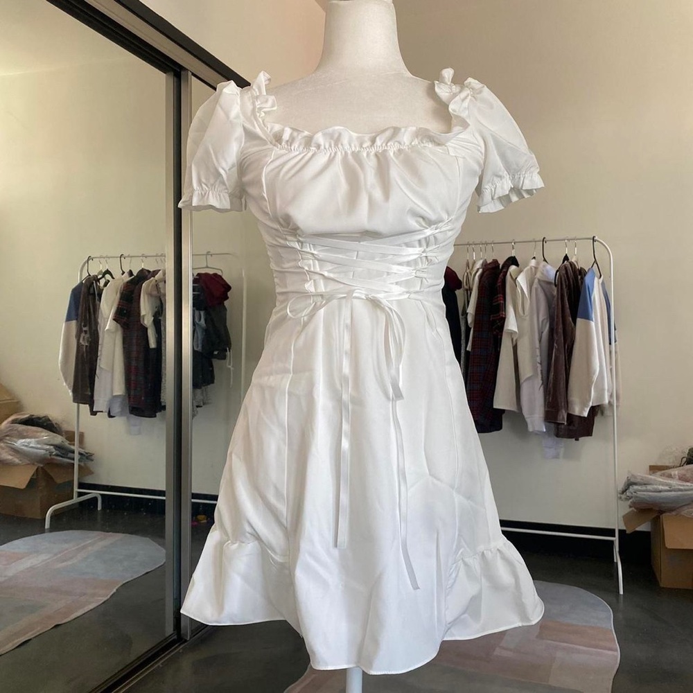 Puff Sleeve Corset Tie Flare Dress